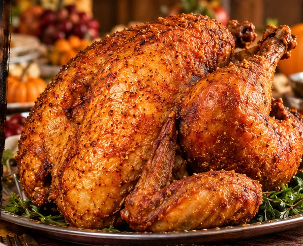 Golden, crispy Cajun deep-fried whole turkey with herbs
