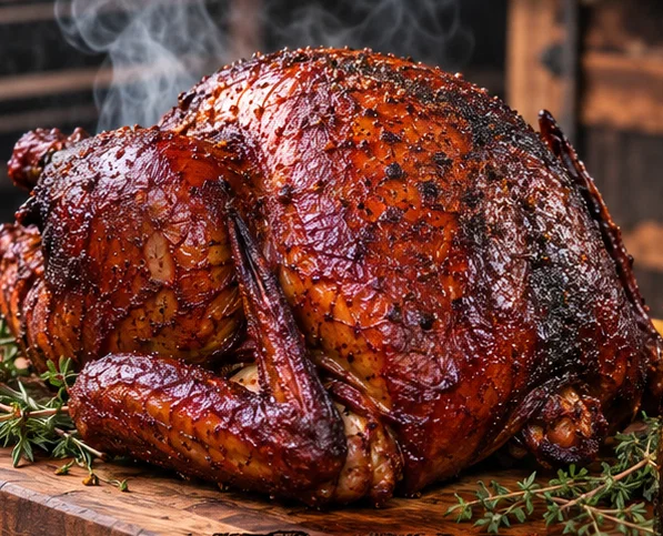 Dark, mahogany-brown hickory-smoked whole turkey with herbs